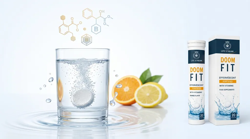 A Doom Fit tablet dissolving in a glass of water with citrus